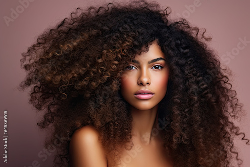 Woman with brown natural afro-textured curly hair. Healthy hair. 