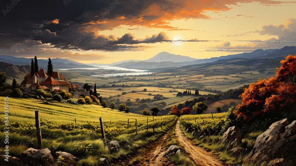 Vineyards of France and Italy in an idyllic landscape at sunset - obrazy, fototapety, plakaty 