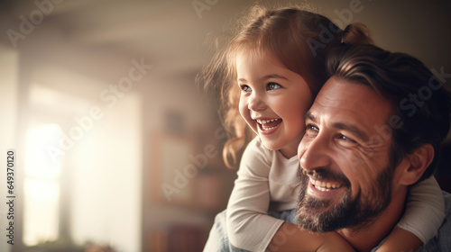 Happy daughter hugs her father from behind and laughs