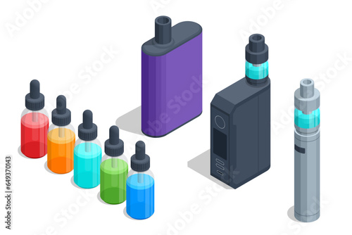 Isometric modern smoking, vaping and nicotine. E-cigarette refills. Liquids for vaping devices