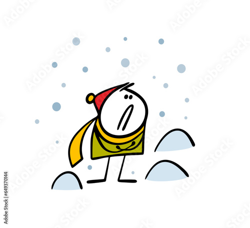 Cartoon disgruntled frozen stickman boy stands among the snowdrifts. Vector illustration of winter snowfall and cold blizzard.