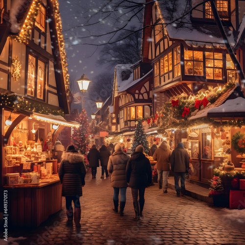 Festive Christmas Market: A bustling holiday market with twinkling lights, treats, and gifts. AI Generated