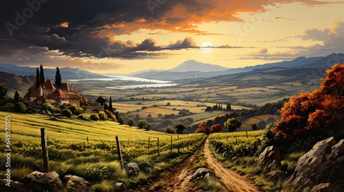 Vineyards of France and Italy in an idyllic landscape at sunset