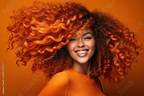 Woman with orange red natural afro-textured curly hair. Healthy hair. 