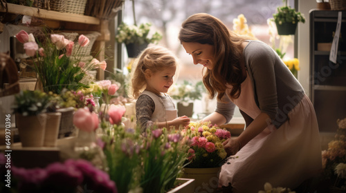 Portrait of a woman with a child choosing a bouquet in a flower store © MP Studio