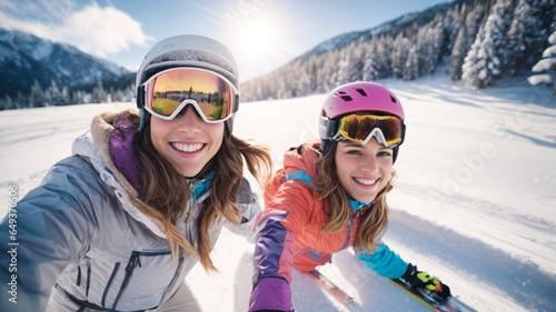 Group of people taking a selfie with a smart phone while skiing and snowboarding in a ski centar on a mountain photo