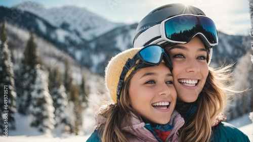 family, mother and little daughter smiling skiing in the snowy mountains on the slope with their ski and professional equipment on a sunny day, while taking a selfie on their winter vacation, dream tr