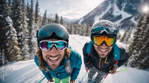 friends on vacation skiing in the snowy mountains on the slope with their ski and professional equipment on a sunny day, while taking a selfie, enjoying life, natural life outdoors