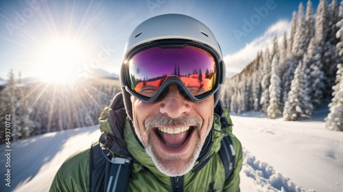 smiling skier, mature man, jumping in the snowy mountains on the slope with his ski and professional equipment on a sunny day while taking a selfie © anandart