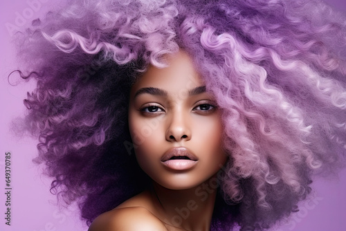 Woman with purple natural afro-textured curly hair. Healthy hair. 