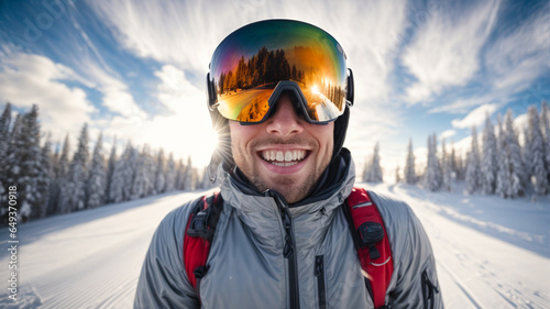 portrait of smiling skier, young man, jumping in the snowy mountains on the slope with his ski and professional equipment on a sunny day