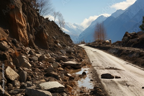 The mountain road becomes hazardous in early spring due to rockfall photo