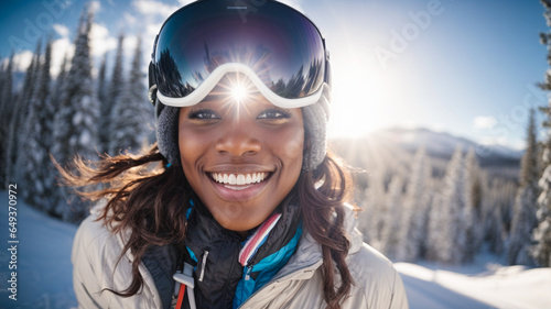 Portrait of a smiling smiling woman skiing in the snowy mountains on the slope with her ski and professional equipment on a sunny day, while taking a selfie