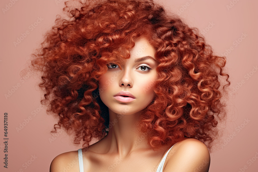 Woman with red natural afro-textured curly hair. Healthy hair. 