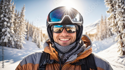 Portrait of smiling skier, young man, jumping in the snowy mountains on the slope with his ski and professional equipment on a sunny day