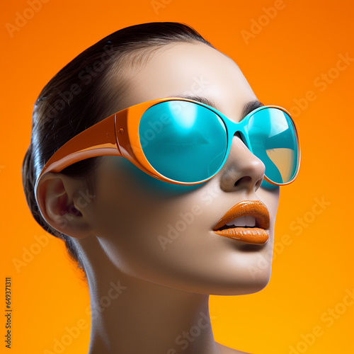 Fashionable woman wearing brightly colored glasses