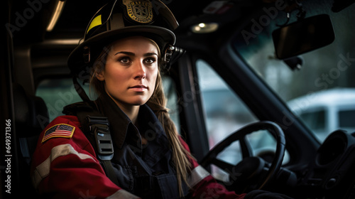Photo of female firefighter in fire engine © MP Studio