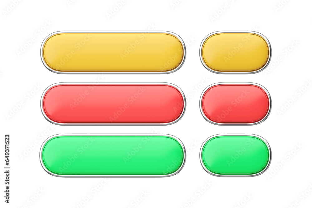 3d render buttons set - glossy web elements, long shiny label with chrome and clean click symbol 3d render buttons set - glossy web elements, long shiny label with chrome and clean click symbol