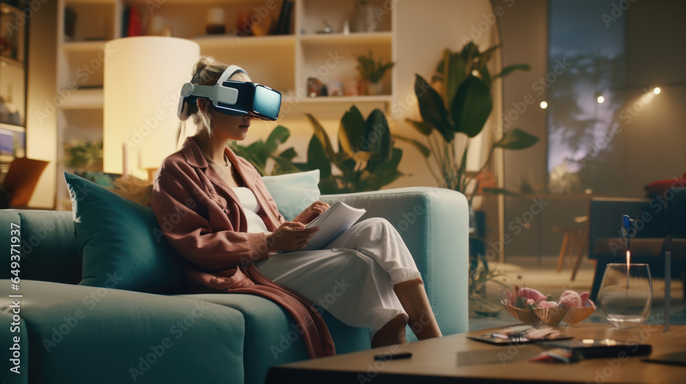 Woman wearing virtual reality goggles sits at home