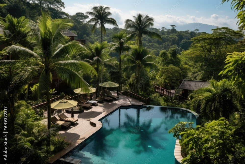 Image of a hotel with a pool in a rainforest.