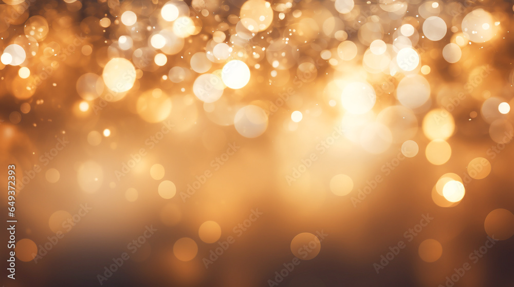 Abstract bokeh blurred background with golden lights, abstract snowflakes, autumnal color, happenings, soft focal points.