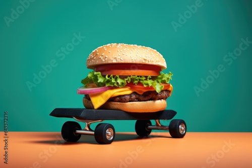 Creative food delivery concept. Juicy hamburger lies on a black skateboard on a pastel orange and blue background.