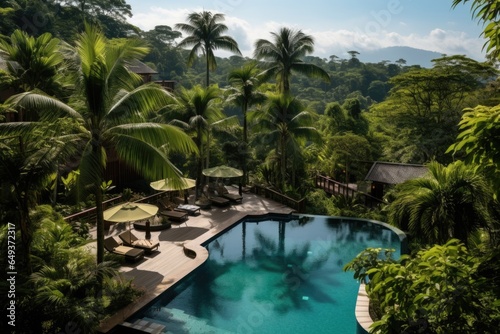 Image of a hotel with a pool in a rainforest.