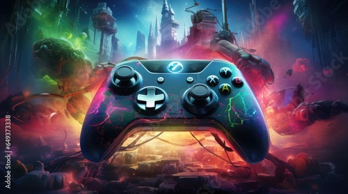 Gamepad on abstract colorful watercolor splashes background