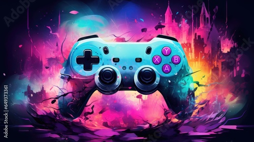 Colorful video game controller on black background.