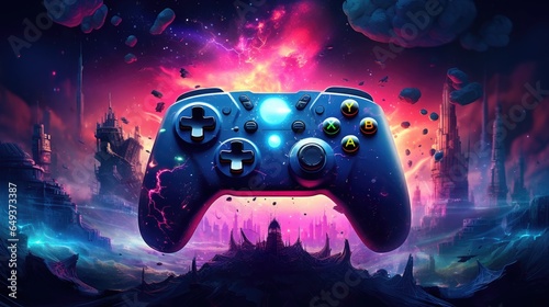 Colorful video game controller on black background.