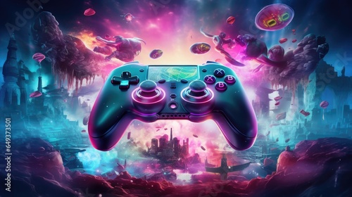 Gamepad on abstract colorful watercolor splashes background