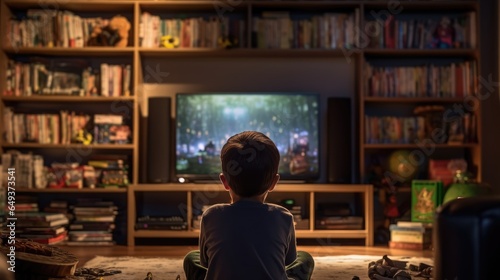 Rear view of a boy watching a movie on a television at home