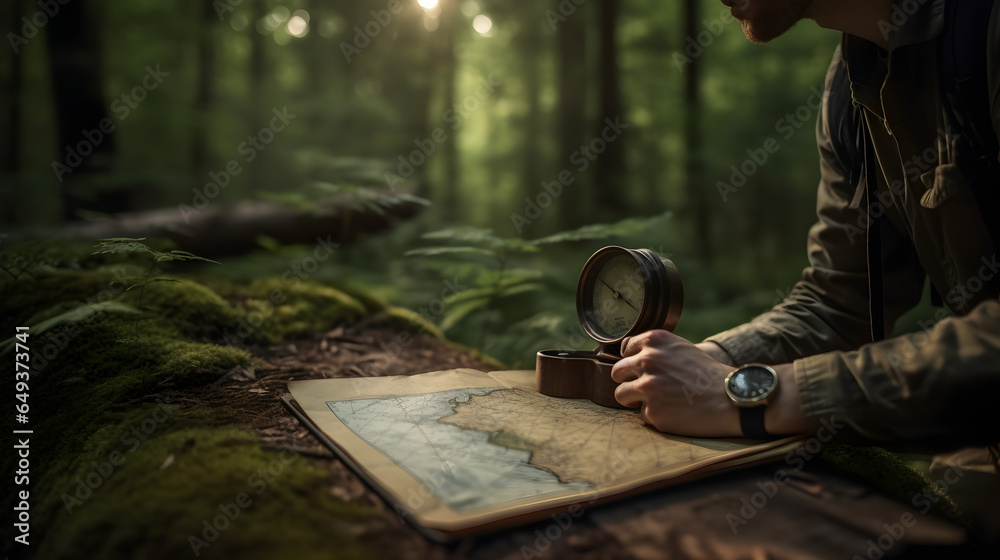 Serene Forest Exploration: Concentrated Individual Documenting Observations Amidst Nature's Beauty, Companion at Vintage Clock Table