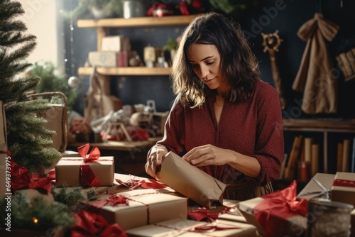 Woman packing bunch of christmas gifts in decorated gift shop. Xmas spirit idea