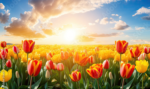Golden sun illuminates a vast field of vibrant tulips. © Lidok_L