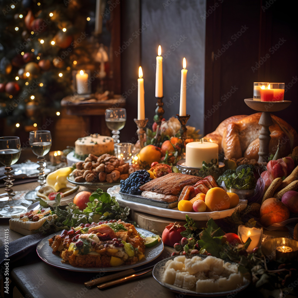 Christmas Feast: A beautifully set table with a delicious holiday meal and family.. AI Generated