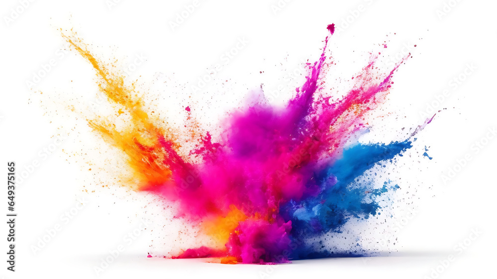 Holi paint rainbow multi colored powder explosion on white background. Abstract 3d explosion wallpaper generated ai - obrazy, fototapety, plakaty 