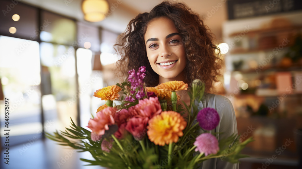 Young happy woman holds a bouquet of flowers in her hands Young happy woman holds a bouquet of flowers in her hands