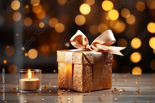 A Christmas gift box wrapped in decorative paper on the table, tied with a golden ribbon, illuminated by candlelight with twinkling lights in the background with a bokeh effect