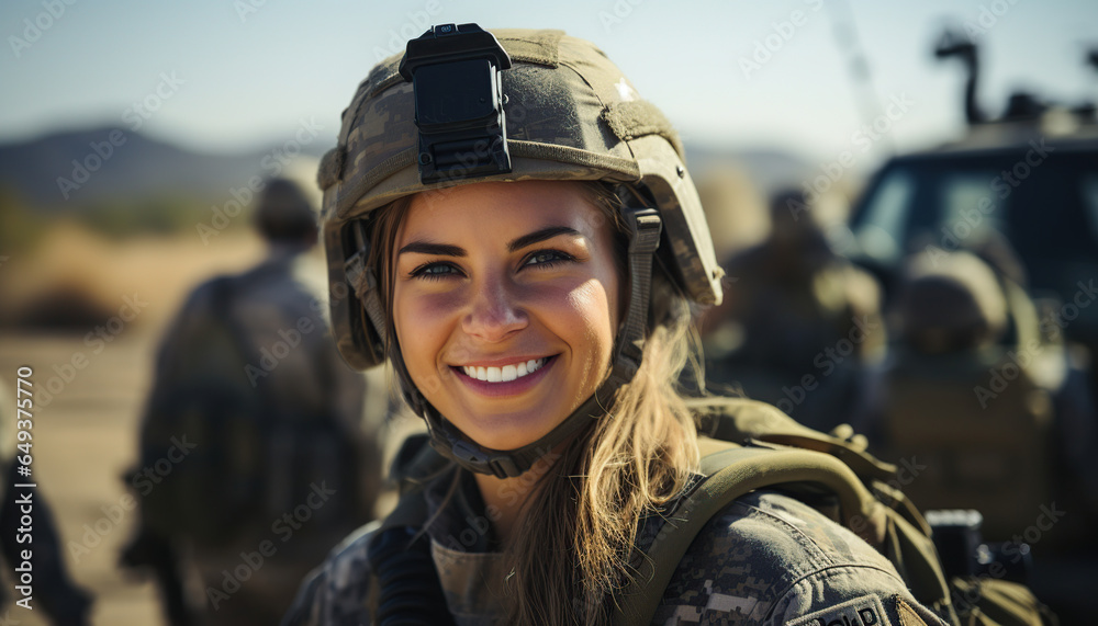 Mujer piloto de helicópteros para conflictos bélicos de labores humanitarias. Retrato de una joven militar con uniforme. Ai generado. - obrazy, fototapety, plakaty 