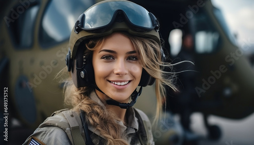 Mujer piloto de helicópteros para conflictos bélicos de labores humanitarias. Retrato de una joven militar con uniforme. Ai generado. © Crowded Studio