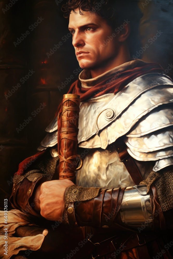 Roman messenger soldier dressed with a armor with an official scroll to deliver to the battle commander Generative AI Illustration