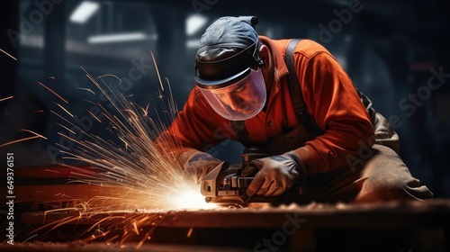 A worker grinds the part with an angle grinder