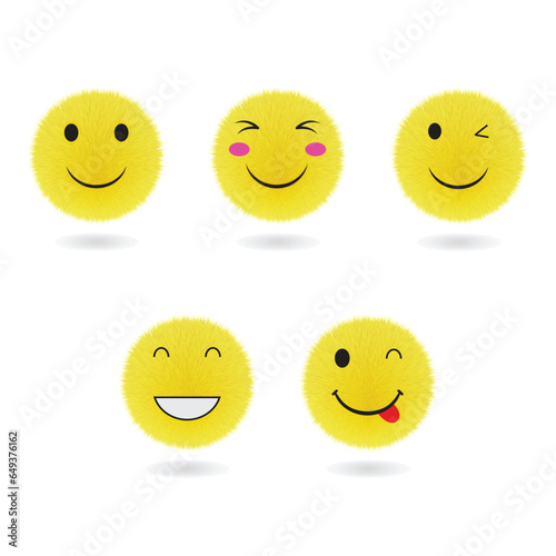 Set of yellow fluffy fur ball with a smiley face