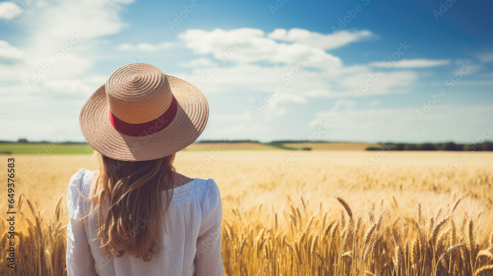 pretty young girl or woman with hat on field. lifestyle in countryside