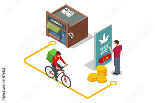 Isometric Legalized marijuana. Order cannabis or cbd product online via mobile application. Cannabis online store with Cannabis products. Herbal alternative medicine, cbd oil, pharmaceptical industry