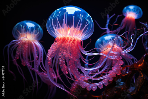 Deep-sea creatures illuminating a dark aquatic abyss with vibrant hues 