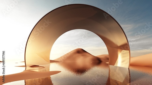 3d render of surreal landscape with round podium in the water and colorful sand. Podium, display on the background of abstract glass, mirror shapes and objects.Fantasy world, futuristic fantasy image.