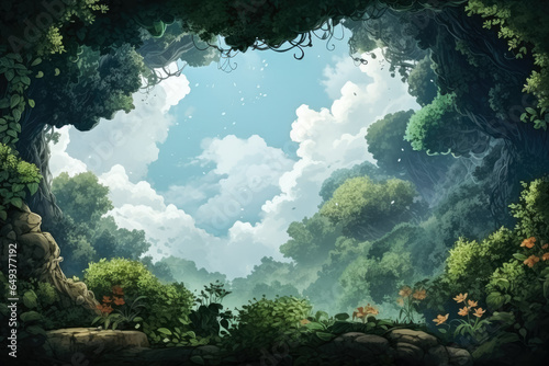 Enchanting fairy-tale forest canopy background with empty space for text 
