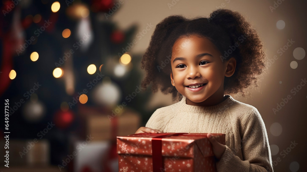 Black african american child with a Christmas present during Christmas time. Little child recieving a Christmas present. Happy child smiling with a present. Christmas tree with lights in the backgroun Black african american child with a Christmas present during Christmas time. Little child recieving a Christmas present. Happy child smiling with a present. Christmas tree with lights in the backgroun